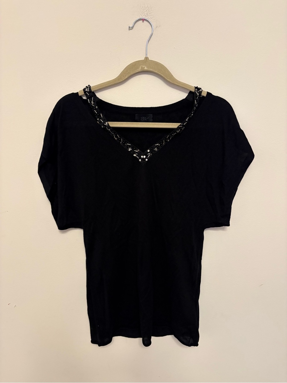 Banana Republic Black Silk Beaded V-Neck Short Sleeve Top Size S minimalist